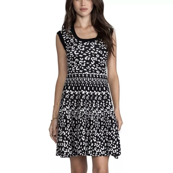Rebecca Taylor Revolve Leopard Stretch Knit Black White Sweater Dress Aline - Picture 3 of 11